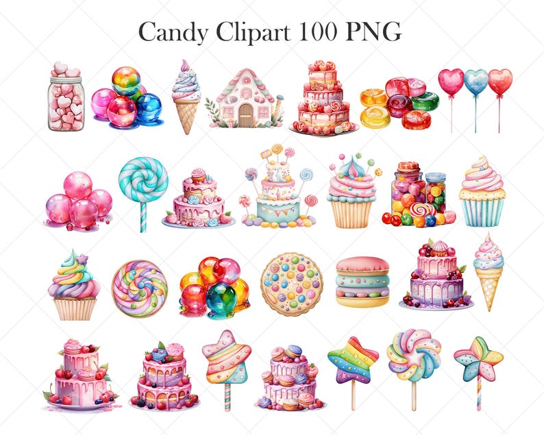 May include: A set of 100 watercolor clipart images featuring various candy and sweets, including lollipops, cupcakes, cakes, and candy jars. The images are perfect for creating party invitations, scrapbooking, and other craft projects.
