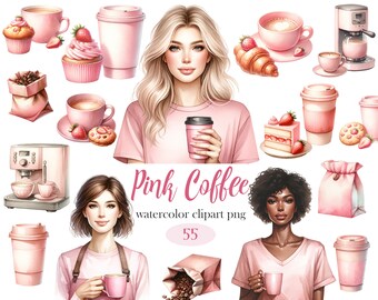 Può includere: Set di clipart ad acquerello con tazze da caffè rosa, chicchi di caffè, macchine da caffè e una donna che tiene una tazza da caffè rosa. Il set include il testo "Pink Coffee watercolor clipart png 55".