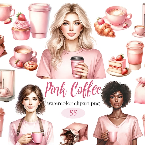 Coffee Clipart, Watercolor Coffee Lover Clipart, Coffee PNG, Sublimation, Pink Coffee Drinks, Barista, Coffee Beans, Digital Download