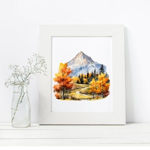 May include: Watercolor painting of a mountain scene with a winding path leading through a forest of trees with fall foliage. The trees are in shades of orange, yellow, and red. The mountain is in the background and is covered in snow.