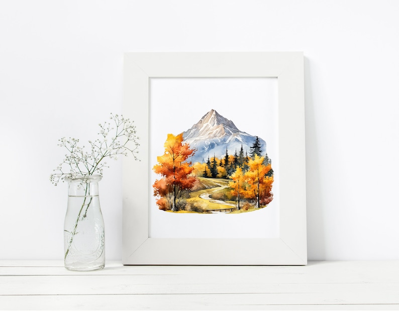May include: Watercolor painting of a mountain scene with a winding path leading through a forest of trees with fall foliage. The trees are in shades of orange, yellow, and red. The mountain is in the background and is covered in snow.