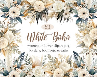 Boho Flower PNG, Watercolor White Flower Clipart, Flower Border, Floral Bouquet, Wreath, Digital Download