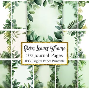 Green Leaves Frame Digital Paper, Leaf Journal Pages, Scrapbook Papers
