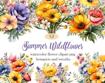 Zomer wilde bloemen clipart, aquarel bloem PNG bundel, bloemenboeket, krans, zomer bloemen clipart, kleurrijke, digitale download