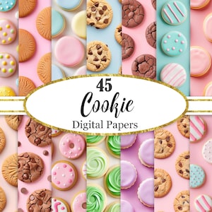 Puede incluir: Un conjunto de papeles digitales coloridos con varias galletas con diferentes glaseados y coberturas. La imagen incluye chispas de chocolate, azúcar y galletas decoradas en una variedad de colores, con el texto "45 Cookie Digital Papers".