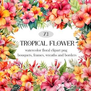 Tropische Blume Clipart, Sommer Aquarell Blumen PNG, Hibiskus Bouquet Kranz, Blumen Sublimation, digitaler Download