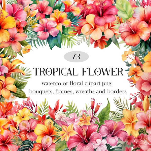 Tropical Flower Clipart, Summer Watercolor Floral PNG, Hibiscus Bouquet Wreath, Flower Sublimation, Digital Download