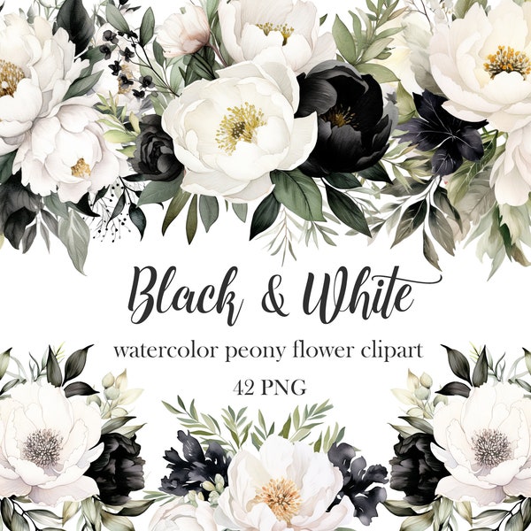Black White Flower PNG, Watercolor Black White Floral Clipart Bundle, Peony PNG, Bouquet, Wreath, Flower Sublimation, Digital Download