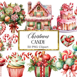 Peut inclure: Un ensemble de 50 illustrations aquarelle de bonbons de No&euml;l, comprenant des cannes en sucre, des sucettes, des maisons en pain d'&eacute;pices et des cupcakes. Les illustrations sont parfaites pour cr&eacute;er des designs festifs pour des cartes, des invitations et d'autres projets de vacances.
