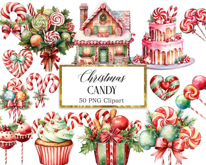 Peut inclure: Un ensemble de 50 illustrations aquarelle de bonbons de No&euml;l, comprenant des cannes en sucre, des sucettes, des maisons en pain d'&eacute;pices et des cupcakes. Les illustrations sont parfaites pour cr&eacute;er des designs festifs pour des cartes, des invitations et d'autres projets de vacances.