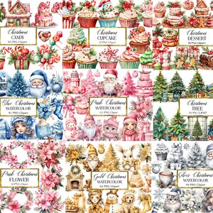Peut inclure: Un ensemble d'illustrations de No&euml;l en aquarelle, comprenant divers th&egrave;mes, notamment des bonbons, des cupcakes, des desserts, des arbres, des fleurs et des sc&egrave;nes d'hiver. Les illustrations sont peintes dans une vari&eacute;t&eacute; de couleurs, notamment le bleu, le rose, l'or et l'argent.