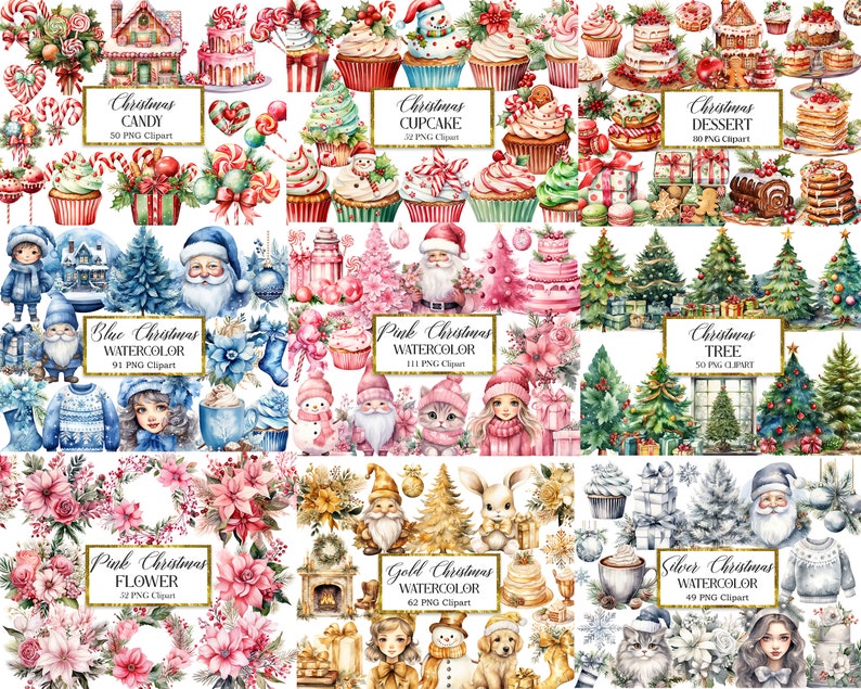 Peut inclure: Un ensemble d'illustrations de No&euml;l en aquarelle, comprenant divers th&egrave;mes, notamment des bonbons, des cupcakes, des desserts, des arbres, des fleurs et des sc&egrave;nes d'hiver. Les illustrations sont peintes dans une vari&eacute;t&eacute; de couleurs, notamment le bleu, le rose, l'or et l'argent.