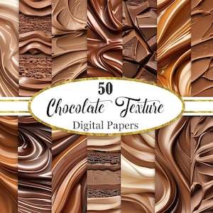 以下が含まれることがあります： 50種類のチョコレートテクスチャをフィーチャーしたデジタルアートコレクション。画像は、明るいタンからダークチョコレートまで、さまざまな茶色の色合いと多様なパターンとテクスチャを示しています。「50 Chocolate Texture Digital Papers」というテキストが金色の縁取りの楕円に表示されています。