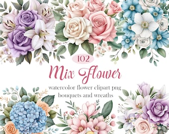 Può includere: Un'illustrazione digitale di una collezione di fiori ad acquerello in vari colori, tra cui rosa, viola, blu e bianco. I fiori sono disposti in bouquet e ghirlande. Il testo "102 Mix Flower watercolor flower clipart png bouquets and wreaths" è visualizzato sotto i fiori.