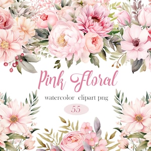 Rosa Blume PNG, Aquarell Rosa Blumen Clipart Bundle, Hochzeitsstrauß, Kranz, Blumensublimation, Frühlingsblumen, digitaler Download