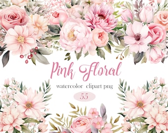 Pink Flower PNG, Watercolor Pink Floral Clipart Bundle, Wedding Bouquet, Wreath, Flower Sublimation, Spring Floral, Digital Download