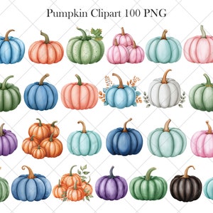 Op de afbeelding: Een set van 30 aquarel-pompoenillustraties in verschillende kleuren, waaronder blauw, groen, roze, oranje en paars. De pompoenen zijn in verschillende vormen en maten, en sommige hebben bladeren of stelen.