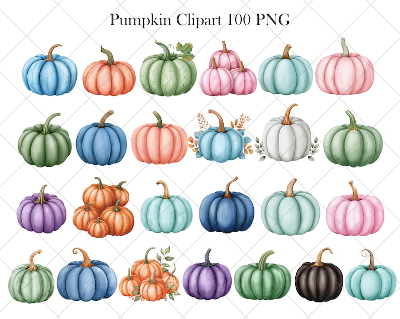 Op de afbeelding: Een set van 30 aquarel-pompoenillustraties in verschillende kleuren, waaronder blauw, groen, roze, oranje en paars. De pompoenen zijn in verschillende vormen en maten, en sommige hebben bladeren of stelen.