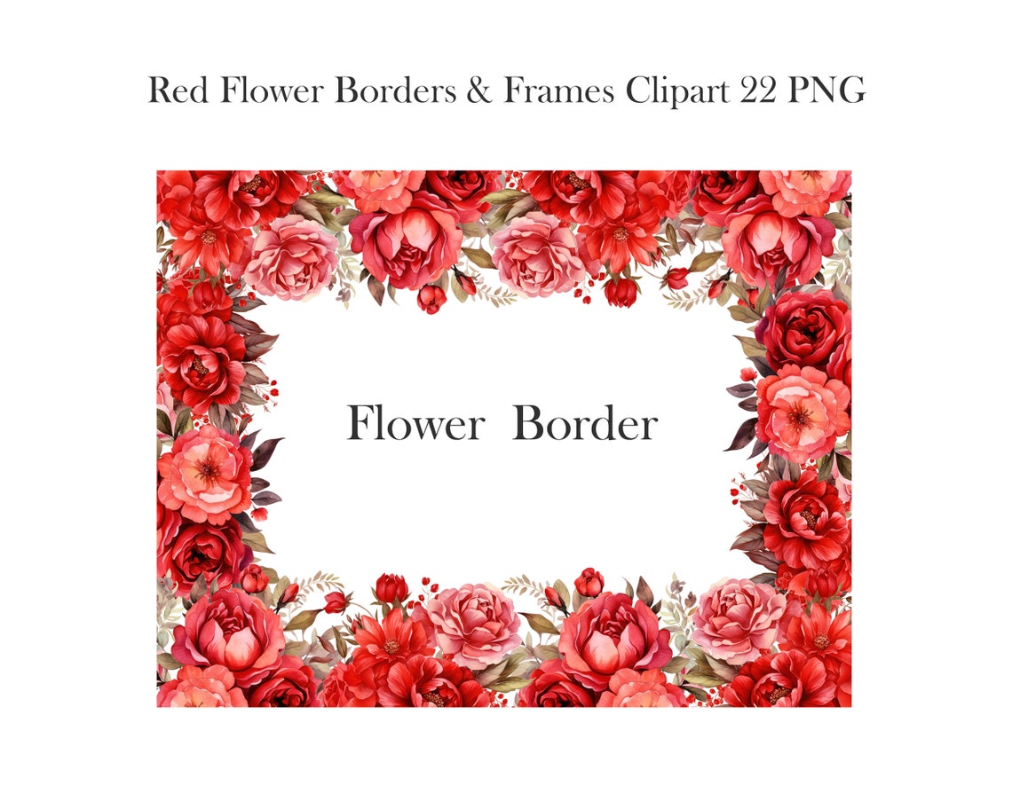 Red Rectangular Flower Border Red Flower Border Clipart, Watercolor Red Floral PNG Bundle, Flower ...