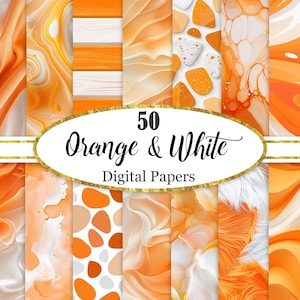 Könnte beinhalten: Eine Sammlung von 50 orangefarbenen und weißen Digitalpapieren. Die Papiere zeigen verschiedene Designs, darunter Marmor, Holzmaserung und abstrakte Muster. Die Farbpalette umfasst Orangetöne, Creme und Weiß. Der Text "50 Orange & White Digital Papers" wird in einem goldumrandeten Oval angezeigt.