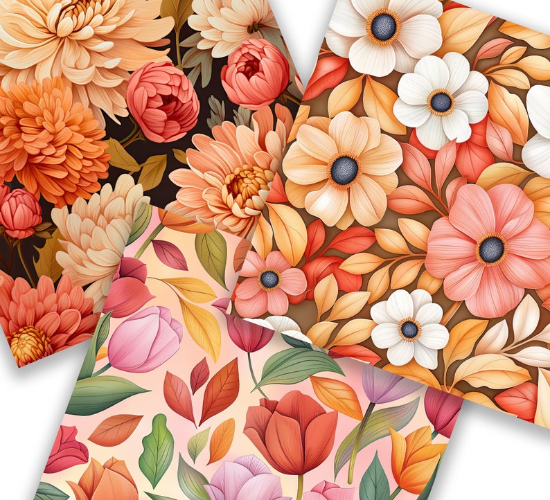 May include: Three different floral patterns featuring a variety of flowers in shades of pink, orange, white, and yellow. The patterns are ideal for crafting, scrapbooking, or other creative projects.