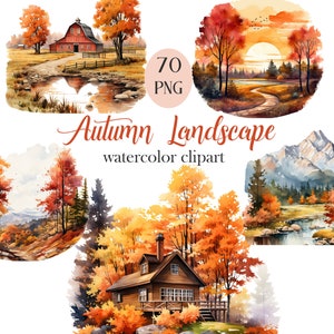 Autumn Landscape Clipart, Watercolor Fall Landscape PNG Bundle, Autumn Scenery, Fall Sublimation, Nature, Forest, Scrapbook, Junk Journal
