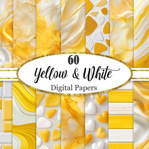 以下が含まれることがあります： 黄色と白の色合いのデジタルペーパー60枚のコレクション。大理石、毛皮、幾何学模様など、さまざまなパターンが画像に表示されています。「60 Yellow & White Digital Papers」というテキストが金色の縁取りの楕円形で表示されています。