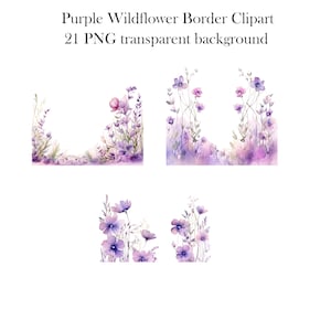 May include: Purple watercolour wildflower border clipart with 21 PNG transparent background images. The images feature various arrangements of purple wildflowers with delicate stems and leaves.