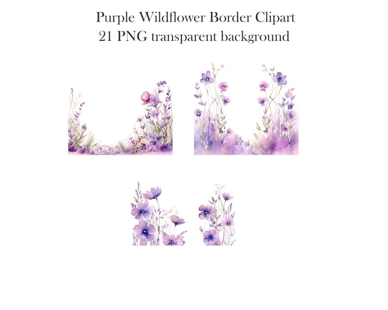 May include: Purple watercolour wildflower border clipart with 21 PNG transparent background images. The images feature various arrangements of purple wildflowers with delicate stems and leaves.