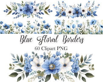 Blue Flower PNG, Watercolor Blue Floral Border Clipart, Wildflower, Digital Download