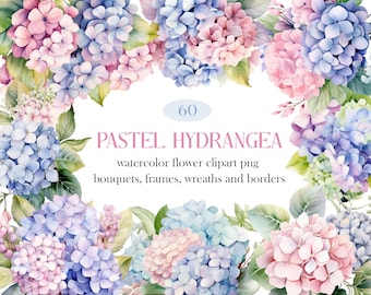 May include: 60 watercolor clipart images of pastel hydrangeas in pink and blue. The images include bouquets, frames, wreaths and borders.
