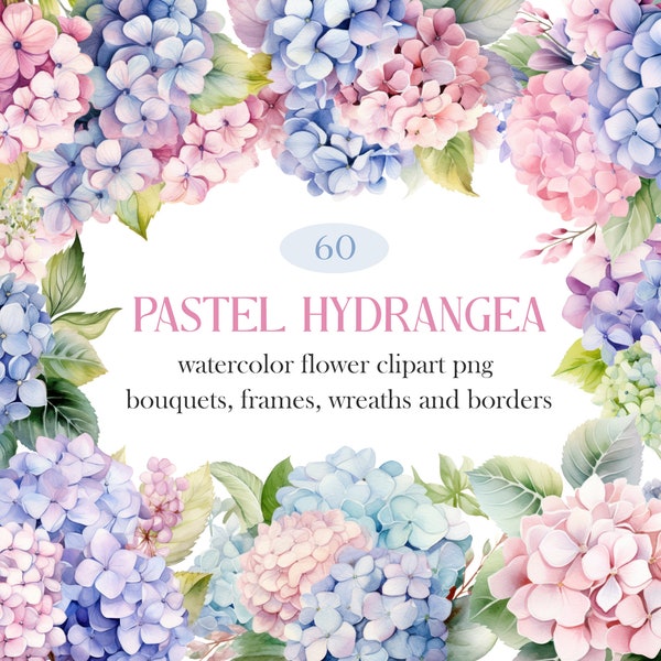 Pastel Hydrangea Flower PNG Clipart, Watercolor Hydrangea Floral PNG, Wedding Bouquet Wreath, Flower Sublimation