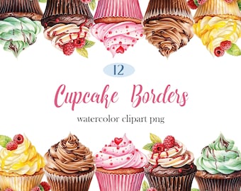 Cupcake Border Clipart, Watercolor Dessert Borders PNG, Digital Download