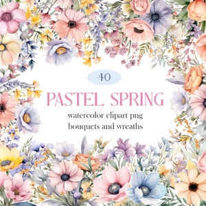 Pastel Spring Floral Clipart, Watercolor Flower Clipart Bundle, Wedding Bouquet, Wreath, Spring Flower PNG, Wildflower, Digital Download