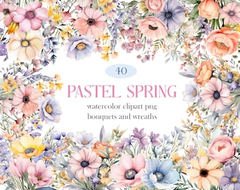 Pastel Spring Floral Clipart, Watercolor Flower Clipart Bundle, Wedding Bouquet, Wreath, Spring Flower PNG, Wildflower, Digital Download