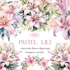 Pastellelie PNG, aquarel lelie clipartbundel, boeket, krans, leliesublimatie, leliebloem clipart, digitale download, lentebloemen