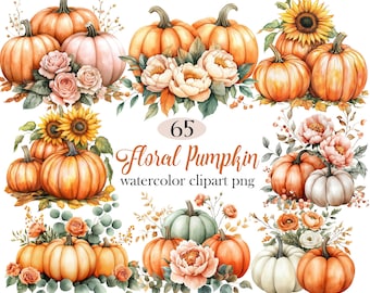 Op de afbeelding: Waterverf clipart met verschillende pompoenen in oranje, roze en wit, versierd met bloemstukken van rozen, pioenrozen en zonnebloemen. De tekst "65 Floral Pumpkin watercolor clipart PNG" is ook opgenomen.