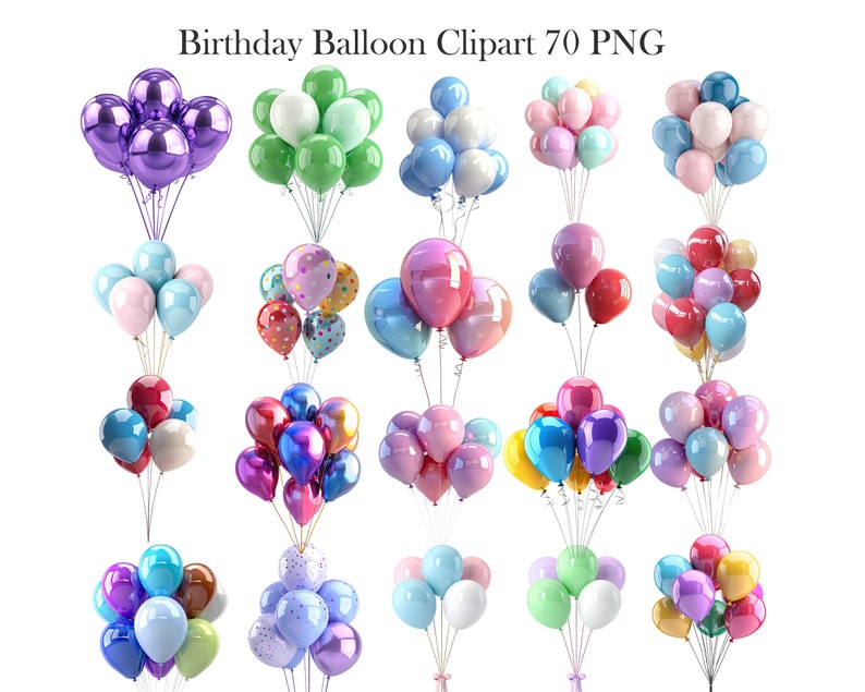 May include: A collection of colorful balloon clipart in various arrangements. The balloons are in shades of purple, green, blue, pink, red, and yellow. The image includes the text "Birthday Balloon Clipart 70 PNG".