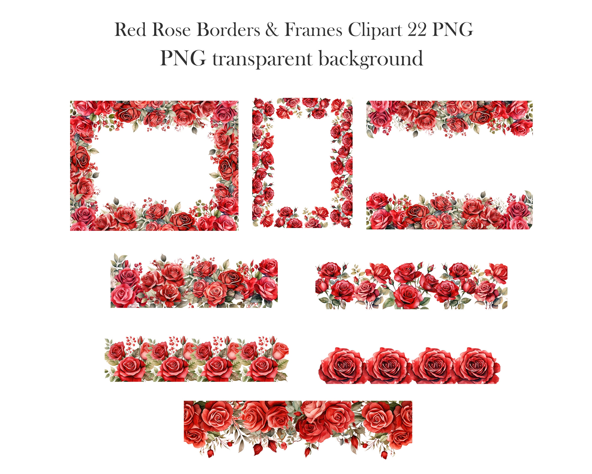 Red Rose Border Clipart, Watercolor Rose Border PNG Bundle, Flower ...