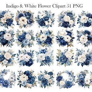 May include: A set of 24 indigo and white watercolour flower clipart images. The flowers are arranged in bouquets and wreaths. The images are perfect for digital scrapbooking, card making, and other craft projects.