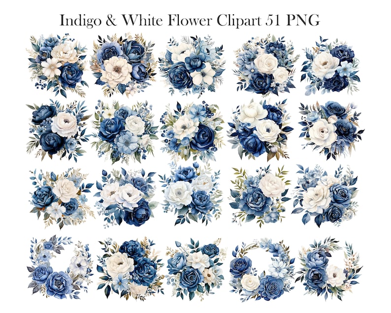 May include: A set of 24 indigo and white watercolour flower clipart images. The flowers are arranged in bouquets and wreaths. The images are perfect for digital scrapbooking, card making, and other craft projects.