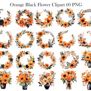 May include: Set of 20 orange and black flower clip art images. The images feature wreaths, bouquets, and individual flowers. The flowers are a watercolor style.