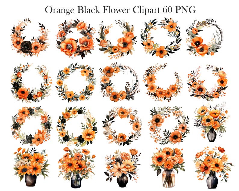 May include: Set of 20 orange and black flower clip art images. The images feature wreaths, bouquets, and individual flowers. The flowers are a watercolor style.