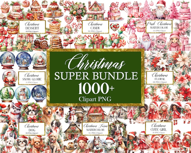 Peut inclure: Un lot de clipart num&eacute;rique comprenant plus de 1000 illustrations aquarelle sur le th&egrave;me de No&euml;l. Les illustrations comprennent des boules &agrave; neige, des cannes en sucre, des maisons en pain d'&eacute;pices, des sapins de No&euml;l, des cadeaux, des chiens et bien plus encore. Les illustrations sont parfaites pour cr&eacute;er des cartes, des invitations, des pages de scrapbooking et d'autres travaux manuels.