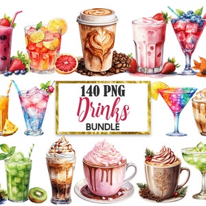 Dryckes Clipart Bundle, Akvarell Drycker PNG, Dryckes Sublimering, Dryck, Kaffe, Varm Choklad, Digital Nedladdning
