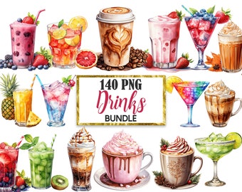 Drinks Clipart Bundle, Watercolor Drinks PNG, Drinks Sublimation, Beverage, Coffee, Hot Chocolate, Digital Download