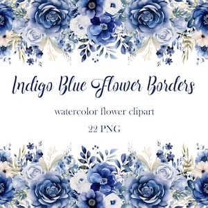Indigoblauwe bloemenrand clipart, aquarel bloemenranden png-bundel, bruiloft bloemen, blauwe bloem png, bloemenlijst, digitale download