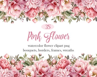Pink Flower PNG, Watercolor Pink Flower Clipart Bundle, Bouquet, Flower Border, Frame, Wreath, Digital Download