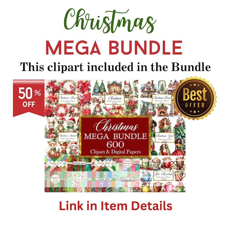 Puede incluir: Un paquete de clipart y papel digital MEGA BUNDLE de Navidad con 600 im&aacute;genes. El paquete incluye im&aacute;genes de &aacute;rboles de Navidad, casas, Pap&aacute; Noel y otras ilustraciones con tem&aacute;tica navide&ntilde;a. El texto "Mejor oferta" se muestra en una estrella dorada.