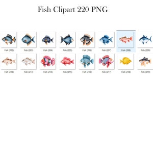 May include: A set of 20 colorful fish illustrations, perfect for digital scrapbooking, card making, or other creative projects. The fish are drawn in a watercolor style and feature a variety of colors, patterns, and shapes.